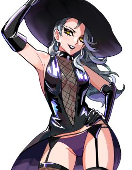 1girl absurdres black_dress black_eyeliner black_gloves black_hat black_lips breasts collar commentary dress elbow_gloves english_commentary eyeliner gloves grey_hair hat highres makeup medium_breasts niijima_sae panties persona persona_5 purple_panties shadow_(persona) shadow_sae solo spiked_collar spikes spyg sun_hat underwear yellow_eyes