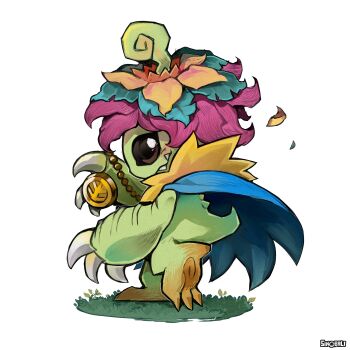 Rule 34 | absurdres, artist name, blue cape, cape, digimon, digimon (creature), digimon day, fangs, full body, highres, jewelry, looking at viewer, palmon, palmon x-antibody, pendant, pink hair, plant monster, simple background, sinobali, smile, solo, white background