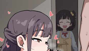 1boy 2girls :d ^_^ bar_censor black_hair blush brown_eyes censored closed_eyes commission cropped fellatio heart hetero highres idolmaster idolmaster_million_live! idolmaster_million_live!_theater_days long_hair multiple_girls nakatani_iku nakatani_iku's_mother ohgi910 open_mouth oral paid_reward_available penis pixiv_commission smile teeth upper_teeth_only walk-in