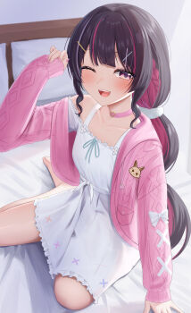 1girl ;d absurdres azki_(hololive) azki_(yurufuwa_casual)_(hololive) barefoot black_hair cable_knit cardigan center-flap_bangs choker colored_inner_hair commentary_request cross-laced_clothes cross-laced_sleeves double-parted_bangs dress frilled_dress frills hair_ornament hand_up highres hololive indoors kakinotane_e long_hair looking_at_viewer low_twintails mole mole_under_eye multicolored_hair nail_polish off-shoulder_dress off_shoulder official_alternate_costume official_alternate_hairstyle on_bed one_eye_closed open_mouth pink_cardigan pink_choker pink_hair pink_nails pink_streaks purple_eyes sidelocks single_off_shoulder sitting smile solo teeth twintails upper_teeth_only very_long_hair virtual_youtuber white_dress white_streaks x_hair_ornament
