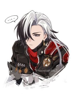 ... 1boy artist_name badge black_eyes black_hair black_jacket boothill_(honkai:_star_rail) bullet_earrings closed_mouth commentary_request cropped_jacket crossed_bangs crosshair_pupils cyborg earrings expressionless gold_earrings hair_over_one_eye highres honkai:_star_rail honkai_(series) jacket jewelry long_hair male_focus mole mole_under_eye mosunobu3 multicolored_hair one_eye_covered parted_bangs red_pupils sheriff_badge short_sleeves simple_background single_earring sketch solo speech_bubble spoken_ellipsis streaked_hair symbol-shaped_pupils twitter_username upper_body white_background white_hair zipper zipper_pull_tab