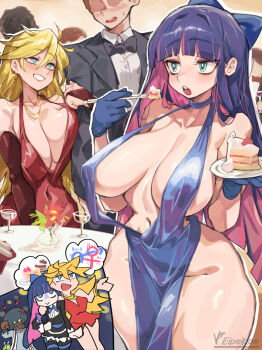 2boys 2girls absurdres afro areola_slip bare_shoulders blonde_hair blue_dress blue_eyes blue_gloves blue_hair blush breasts bridal_gauntlets cake chibi chibi_inset cocktail_dress commentary_request cowboy_shot dark-skinned_male dark_skin dress flirting food garterbelt_(psg) gloves highres huge_afro iparupua large_breasts long_hair multicolored_hair multiple_boys multiple_girls panty_&amp;_stocking_with_garterbelt panty_(psg) pink_hair red_bridal_gauntlets red_dress revealing_clothes stocking_(psg) strawberry_shortcake two-tone_hair
