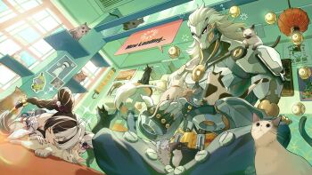 >_< 1boy 1girl :3 ahoge animal animal_on_shoulder banyue_(zenless_zone_zero) black_cat black_hair braid braided_twintails buffering cat cat_covering_ears_(meme) cat_on_shoulder cat_tower claws closed_eyes closed_mouth colorpoint_(pattern) commentary_request detached_sleeves dialyn_(zenless_zone_zero) fingernails flying_sweatdrops frilled_sleeves frills grey_cat hair_ornament hairclip happy_happy_happy_cat_(meme) highres hinatsu holding holding_animal holding_cat indoors lantern light_particles lion_tail long_fingernails long_hair looking_down lying male_focus maxwell_the_cat meme meme_request multicolored_hair multicolored_nails official_art orb paper_lantern pom_pom_(clothes) pom_pom_hair_ornament poster_(object) red_nails robot robot_boy sad_banana_cat_(meme) siamese_cat sitting sparkle speech_bubble spinning_cat_(meme) squeans sticker streaked_hair tabby_cat tail tuxedo_cat twintails two-tone_hair very_long_hair white_background white_cat white_hair window zenless_zone_zero