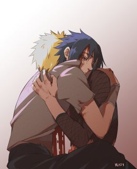Rule 34 | 2boys, absurdres, black hair, black pants, bleeding, blonde hair, blood, blood on face, commentary, crying, english commentary, fishnets, gradient background, grey shirt, highres, hug, male focus, multiple boys, naruto (series), naruto shippuuden, nose, pants, shirt, short hair, tears, themidnights0ng, torn clothes, two-tone background, uchiha sasuke, uzumaki naruto, white background