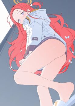 1girl absurdres ass blue_archive blush bow braid chinese_commentary closed_mouth commentary_request dutch_angle foot_out_of_frame forehead from_below furrowed_brow hair_bow halo heel_up highres hood hood_down hooded_jacket jacket jacket_tug legs long_hair long_sleeves looking_at_viewer looking_down making-of_available millennium_science_school_logo multiple_hair_bows no_pants one_side_up purple_eyes red_hair single_braid slippers solo torimew very_long_hair wavy_mouth white_bow white_jacket white_slippers yellow_halo yellow_jacket yuzu_(blue_archive)