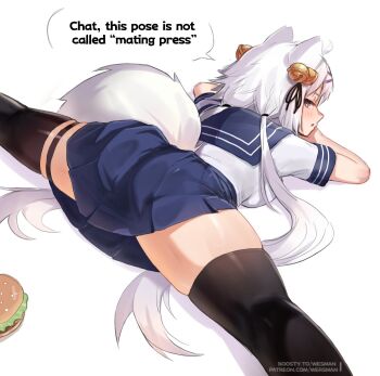 Rule 34 | 1girl, ahoge, animal ear fluff, animal ears, ass, ass focus, bell, black thighhighs, blue sailor collar, burger, commentary, english commentary, filian (vtuber), food, hair bell, hair ornament, highres, huge ass, indie virtual youtuber, legs, looking back, purple eyes, sailor collar, sailor shirt, shirt, skirt, split, tail, thick thighs, thighhighs, thighs, twintails, virtual youtuber, watermark, web address, wersman, white background, white hair