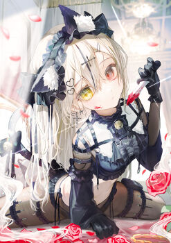 1girl absurdres animal_ear_fluff animal_ears arm_support bell black_gloves black_hairband black_panties black_shirt blood bow breasts cat_ears cat_girl cat_tail closed_mouth commentary_request crop_top cross cross_earrings detached_sleeves earrings flower food frills gloves hair_between_eyes hair_ornament hairband hand_up heart heart_hair_ornament heterochromia highres holding jewelry jingle_bell knife long_hair looking_at_viewer negimapurinn original panties pantyhose petals red_eyes red_flower red_rose rose sensitive shirt side-tie_panties sitting solo tail tail_ornament thigh_strap underwear white_hair yellow_eyes