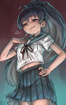 1girl absurdres black_hair blue_eyes breast_pocket breasts closed_mouth cowboy_shot fang fang_out from_behind ganaha_hibiki half-closed_eyes hand_on_own_hip hand_up highres hold111 idolmaster idolmaster_(classic) long_hair looking_at_viewer midriff_peek pleated_skirt pocket ponytail sailor_collar school_uniform serafuku shirt short_sleeves skirt smug solo standing very_long_hair white_shirt