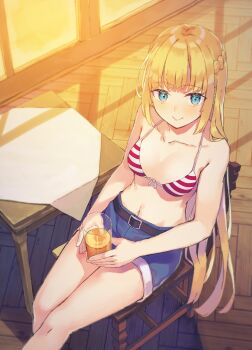 Rule 34 | 1girl, absurdres, belt, bikini, bikini top only, black belt, blonde hair, blue eyes, blue shorts, braid, breasts, chair, closed mouth, collarbone, commentary request, cup, denim, denim shorts, drink, feet out of frame, front-tie bikini top, front-tie top, half up braid, highres, holding, holding cup, holding drink, long hair, looking at viewer, medium breasts, navel, red bikini, rit (shin no nakama), second-party source, shin no nakama janai to yuusha no party wo oidasareta no de henkyou de slow life suru koto ni shimashita, short shorts, shorts, sitting, smile, solo, string bikini, striped bikini, striped clothes, swimsuit, table, white bikini, wooden chair, yasumo (kuusouorbital)