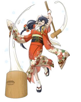 Rule 34 | 1girl, arms up, artist request, black hair, black sandals, blue eyes, braid, breasts, fingerless gloves, floral print, floral print kimono, food, full body, game cg, gloves, holding, holding mallet, japanese clothes, kanami (log horizon), kimono, kine, large breasts, log horizon, log horizon new adventure land, long hair, low-braided long hair, low-tied long hair, mallet, mochi, new year, official art, one eye closed, open mouth, orange kimono, print kimono, sandals, simple background, smile, socks, solo, standing, standing on one leg, third-party source, transparent background, very long hair, white gloves, white socks