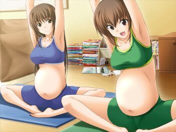 2girls armpits arms_up big_belly bike_shorts blue_shorts blue_sports_bra book book_stack breasts brown_eyes brown_hair butterfly_sitting cameltoe flexible game_cg green_shorts green_sports_bra hizuki_ayumi hizuki_suzune indoors kawagishi_keitarou large_breasts long_hair midriff multiple_girls navel non-web_source open_mouth pregnant ringetsu room shin_ringetsu short_hair shorts sitting smile sports_bra stretching yoga yoga_mat
