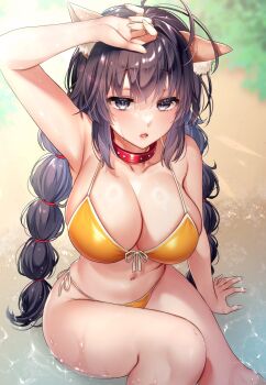 1girl ahoge animal_collar animal_ear_fluff animal_ears arm_up armpits beach bikini black_eyes black_hair blush braid breasts cleavage collar commentary commission day dog_ears dog_girl feet_out_of_frame front-tie_bikini_top front-tie_top highres kanbesan160 large_breasts long_hair low_twin_braids navel orange_bikini original outdoors parted_lips red_collar shading_eyes side-tie_bikini_bottom sitting skeb_commission solo studded_collar sweat swimsuit twin_braids