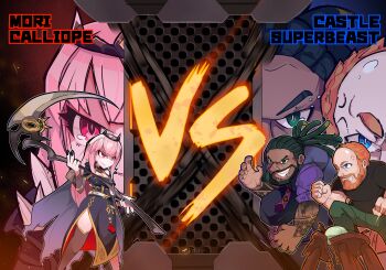 Rule 34 | 1girl, 2boys, anger vein, arm tattoo, balding, beard, black dress, black shirt, blue eyes, breasts, castle super beast, character name, chineseninja, cleavage, commentary, connected beard, dreadlocks, dress, english commentary, facial hair, green pants, highres, holding, holding scythe, hololive, hololive english, mori calliope, multiple boys, necktie, pants, pat boivin, pink eyes, pink hair, purple necktie, scythe, shirt, side slit, stool, tattoo, virtual youtuber, vs, woolie