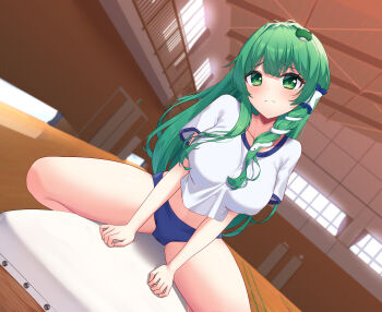 1girl ambasa blue_buruma breasts buruma frown green_eyes green_hair gym gym_uniform highres indoors kochiya_sanae large_breasts long_hair looking_at_viewer midriff shirt sitting solo straddling touhou vaulting_horse white_shirt