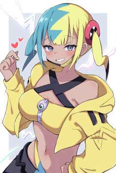 1girl absurdres aqua_hair bandeau black_mask blonde_hair blue_eyes blush breasts canari_(pokemon) collarbone commentary_request criss-cross_straps dark-skinned_female dark_skin finger_heart grin heart highres jacket lightning_bolt_symbol long_sleeves looking_at_viewer mask mask_pull medium_breasts mega_stone mouth_mask multicolored_hair navel nintendo open_mouth pants piyo_to_game pokemon pokemon_legends:_z-a short_twintails smile solo split-color_hair sports_bra stomach teeth twintails two-tone_hair two-tone_mask two-tone_pants yellow_bandeau yellow_jacket yellow_mask yellow_sports_bra