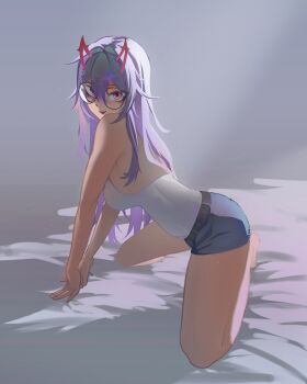 1girl absurdres akuma_nihmune akuma_nihmune_(casual) backless_shirt blame_4407 breasts commentary demon_horns english_commentary facial_mark glasses hair_between_eyes hair_intakes hair_ornament heart heart_facial_mark highres horns indie_virtual_youtuber kneeling large_breasts legs long_hair looking_at_viewer mole mole_under_eye open_mouth purple_hair red_eyes red_horns round_eyewear shirt shorts solo star_(symbol) star_hair_ornament thighs virtual_youtuber white_shirt