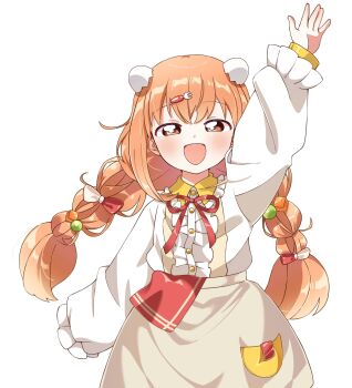 1girl apron arm_up blush braid brown_apron center_frills collared_dress cowboy_shot dress egg_hair_ornament food-themed_hair_ornament fork_hair_ornament frilled_dress frills hair_ornament hairclip half-closed_eyes highres kaeru_san1227 kirara_tamako kirara_tamako_(1st_costume) layered_sleeves long_hair long_sleeves looking_at_viewer low_twin_braids neck_ribbon nijisanji object_in_pocket open_mouth orange_eyes orange_hair outstretched_arm pocket red_ribbon ribbon simple_background smile solo standing twin_braids virtual_youtuber white_background white_dress