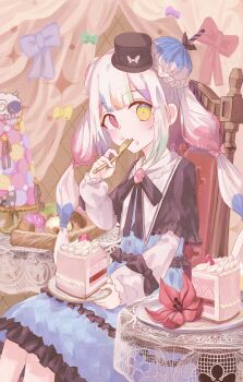 Rule 34 | 1girl, black capelet, black ribbon, blue skirt, book off, bow, braid, brooch, bun with braided base, cake, cake slice, capelet, chair, commentary request, curtains, double bun, eating, food, food on face, fork, hair bun, heterochromia, highres, holding, holding fork, indoors, jewelry, jogasaki noah, long hair, long sleeves, looking at viewer, mahou shoujo no majo saiban, multi-tied hair, multicolored hair, neck ribbon, official alternate costume, official alternate hairstyle, on chair, plate, polka dot, polka dot bow, ribbon, shiiki (icesiiki), sitting, skirt, solo, streaked hair, table, white hair, yellow eyes