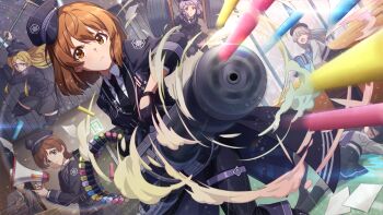 Rule 34 | 1boy, 6+girls, black gloves, black hat, black jacket, black necktie, black pants, brown eyes, brown hair, closed mouth, commentary request, day, dutch angle, game cg, gatling gun, gloves, gun, hagiwara yukiho, hat, holding, holding gun, holding megaphone, holding weapon, idolmaster, idolmaster (classic), idolmaster million live!, idolmaster million live! theater days, indoors, jacket, kinoshita hinata, makabe mizuki, megaphone, minigun, multiple girls, necktie, official alternate costume, official art, pants, peaked cap, shinomiya karen, short hair, standing, third-party source, weapon
