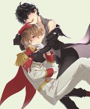 2boys :p ahoge akechi_gorou amamiya_ren bare_shoulders belt black_coat black_eyes black_hair black_pants blush brown_hair cape closed_mouth coat coat_partially_removed collarbone commentary_request crow_(persona_5) epaulettes feet_out_of_frame finger_to_own_chin finger_to_tongue gloves gold_belt hand_on_another&#039;s_arm hand_on_another&#039;s_head hand_on_own_elbow hiokirasu joker_(persona_5) looking_at_another looking_at_viewer male_focus messy_hair multiple_boys pants persona persona_5 red_cape red_eyes red_gloves shirt short_hair simple_background sweat tongue tongue_out unbuttoned unbuttoned_shirt white_background white_gloves white_pants white_shirt yaoi