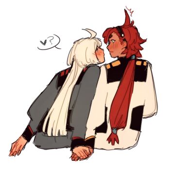 Rule 34 | 2girls, asticassia school uniform, black hairband, blue eyes, blush, commentary, diezmil10000, eye contact, from behind, green jacket, gundam, gundam suisei no majo, hairband, heart, holding hands, imminent kiss, jacket, long hair, looking at another, miorine rembran, multiple girls, ponytail, red hair, school uniform, simple background, spoken heart, suletta mercury, thick eyebrows, white background, white hair, white jacket, yuri