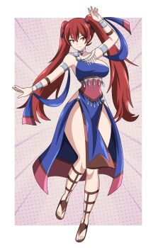 1girl absurdres abysswatchers alternate_costume arm_up armpits bare_arms bare_legs blue_dress border breasts choker cleavage closed_mouth commentary commission dancer dancer_(fire_emblem:_three_houses) dancing dotted_background double-parted_bangs dress english_commentary fire_emblem fire_emblem:_three_houses fire_emblem_fates floating_hair full_body hair_between_eyes highres jewelry large_breasts long_hair looking_at_viewer nintendo pink_background red_eyes red_hair sandals selena_(fire_emblem_fates) side_slit sideboob sleeveless sleeveless_dress smile solo thigh_gap twintails very_long_hair white_border