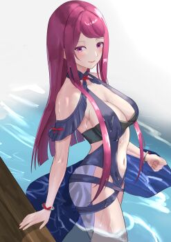 Rule 34 | 1girl, absurdres, breasts, casual one-piece swimsuit, dress swimsuit, fire emblem, fire emblem engage, fire emblem heroes, highres, ivy (fire emblem), ivy (summer) (fire emblem), large breasts, nintendo, one-piece swimsuit, purple eyes, purple hair, sarong, swimsuit, tarutaru193, wet, wet clothes
