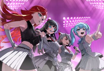 4girls :d absurdres akane_lize animal_ears aqua_eyes aqua_hair arahashi_tabi black_collar black_hair black_shirt bow cat_ears collar collared_shirt commentary concert crop_top cropped_shirt detached_collar eg58561415 english_commentary fake_nails fingernails floating_hair grey_eyes grey_hair hair_bow hair_ornament half-skirt hand_on_own_hip hand_up heart heart_hair_ornament highres holding holding_microphone jacket light_rays long_fingernails long_hair microphone multiple_girls necktie neneko_mashiro open_clothes open_jacket open_mouth parted_lips pleated_skirt pointing purple_background purple_nails red_bow red_hair red_necktie shirayuki_hina shirt short_hair short_necktie skirt sleeveless sleeveless_shirt smile stage_lights stellive twintails virtual_youtuber white_jacket white_shirt white_skirt wing_collar
