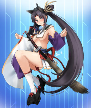 1girl armor asymmetrical_clothes asymmetrical_sleeves black_hair blue_eyes blush breast_curtains breasts closed_mouth commentary_request detached_sleeves fate/grand_order fate_(series) feather_hair_ornament feathers full_body hair_ornament hat highres japanese_armor katana kneehighs kusazuri long_hair looking_at_viewer medium_breasts mismatched_sleeves navel parted_bangs pauldrons purple_sleeves revealing_clothes sheath sheathed shoulder_armor side_ponytail single_pantsleg single_pauldron smile socks sode solo sword sword_hilt tassel tate_eboshi ushiwakamaru_(fate) ushiwakamaru_(second_ascension)_(fate) very_long_hair weapon white_sleeves white_socks yoo_tenchi