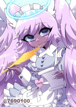 1girl absurdres angel angel_wings apron blue_background blue_sclera breasts buttons character_name closed_mouth collared_dress colored_sclera commentary_request dark-skinned_female dark_skin dress emily_(hazbin_hotel) fewer_digits freckles frilled_apron frills grey_dress halo hands_up hazbin_hotel headdress heart heart_button hellaverse highres holding holding_quill holding_scroll juliet_sleeves long_hair long_sleeves looking_at_viewer maid maid_apron maid_headdress menattou nail_polish official_alternate_costume official_alternate_hairstyle puffy_sleeves purple_eyes purple_hair quill scroll short_dress simple_background sleeve_cuffs small_breasts smile solo sparkle swept_bangs twitter_username two_side_up upper_body very_long_hair waist_apron white_apron white_halo white_headdress white_nails white_wings wings