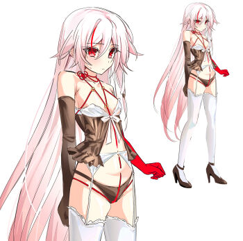1girl asymmetrical_gloves black_gloves black_pants breasts commentary_request dud7827 fu_hua fu_hua_(phoenix) garter_belt garter_straps gloves highres honkai_(series) honkai_impact_3rd long_hair mismatched_gloves multicolored_hair multiple_views navel pants red_eyes red_gloves red_hair simple_background small_breasts stomach thighhighs thighs two-tone_hair very_long_hair white_background white_garter_belt white_garter_straps white_hair white_thighhighs