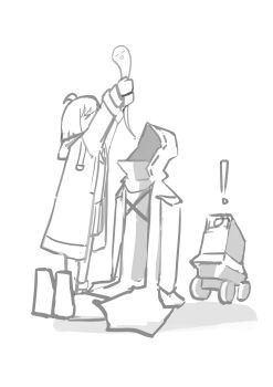 Rule 34 | !, > <, 1girl, 1other, absurdres, ahoge, arknights, coat, doctor (arknights), drone, full body, ghost tail, greyscale, highres, hood, hood up, hooded coat, long sleeves, miniskirt, monochrome, open clothes, open coat, pleated skirt, scene (arknights), short hair, sitting, sketch, skirt, solo, yagi000