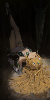 1girl bare_shoulders blonde_hair breasts chest_jewel cleavage_cutout clothing_cutout commentary_request dress elbow_gloves gem gloves headpiece highres large_breasts leg_up long_hair looking_at_viewer lying microdress mythra_(xenoblade) on_back planted planted_sword planted_weapon shiroshiroghost solo swept_bangs sword thigh_strap tiara weapon xenoblade_chronicles_(series) xenoblade_chronicles_2 yellow_eyes