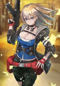 Rule 34 | 1girl, ak-74u (girls' frontline), aks-74u, ammo21204760, arm up, artist name, assault rifle, autumn, autumn leaves, belt, belt pouch, black belt, black choker, black jacket, blonde hair, blue eyes, blurry, blurry background, breasts, camouflage, camouflage pants, chest harness, choker, cleavage, collarbone, commentary, dated, feet out of frame, fingerless gloves, girls' frontline, gloves, gun, harness, headphones, headphones around neck, holding, holding gun, holding weapon, jacket, kalashnikov rifle, leaf, long hair, long sleeves, looking at viewer, medium breasts, mixed-language commentary, open clothes, open jacket, open mouth, pants, pouch, red gloves, rifle, solo, standing, submachine gun, weapon