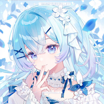 Rule 34 | 1girl, blue eyes, blue hair, blue theme, choker, closed mouth, commission, crossed bangs, earrings, eyelashes, fingernails, gradient hair, hair between eyes, hair ornament, hairpin, highres, jewelry, leaf, long hair, long sleeves, looking at viewer, mihuashi commission, multicolored hair, one side up, original, portrait, sidelocks, single earring, smile, solo, square, watermark, white choker, yan an xi ye