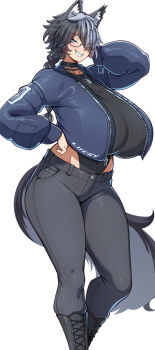 1girl absurdres animal_ear_fluff animal_ears arm_up black_hair black_pants blush boots breasts commentary_request crop_top curvy full_body glasses grey_hair grin hand_on_own_hip highleg highleg_leotard highres huge_breasts jewelry konoshige_(ryuun) leotard leotard_under_clothes long_sleeves looking_at_viewer midriff necklace original pants ribbed_leotard sharp_teeth short_hair simple_background smile solo standing sweater tail teeth thick_thighs thighs tomboy white_background wide_hips wolf_ears wolf_girl wolf_tail