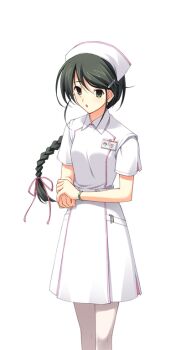 1girl bracelet braid chaos;head collared_dress dress empty_eyes game_cg green_eyes green_hair hair_ornament hair_ribbon hairclip hat hazuki_shino_(chaos;head) holding_own_wrist jewelry long_braid long_hair looking_at_viewer matsuo_yukihiro no_eyewear non-web_source nurse nurse_cap official_art open_mouth pantyhose pink_ribbon pink_trim ribbon science_adventure short_sleeves solo sprite standing surprised transparent_background white_dress white_pantyhose