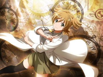 1girl black_thighhighs bolo_tie brown_skirt closed_mouth coat cosplay daiba_nana game_cg green_eyes long_sleeves looking_at_viewer official_art okabe_rintarou okabe_rintarou_(cosplay) orange_hair science_adventure short_hair shoujo_kageki_revue_starlight shoujo_kageki_revue_starlight_-re_live- skirt smile solo standing steins;gate thighhighs two_side_up upper_body v-shaped_eyebrows white_coat