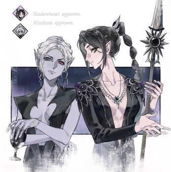 Rule 34 | 2girls, baldur's gate, baldur's gate 3, black hair, black shirt, breasts, character name, circlet, cleavage, collarbone, colored skin, cup, dark elf, dungeons & dragons, dungeons &amp; dragons, elf, gameplay mechanics, green eyes, grey skin, hashtag-only commentary, highres, holding, holding cup, holding polearm, holding weapon, jewelry, long hair, looking at viewer, minthara, multiple girls, pendant, plunging neckline, pointy ears, polearm, red eyes, shadowheart (baldur's gate), shirt, short hair, smile, spear, upper body, weapon, white background, white hair, zuosha