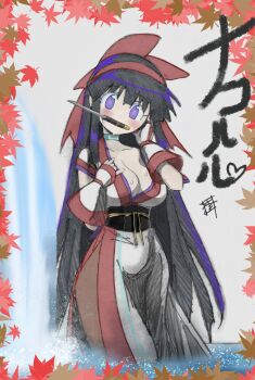 1girl absurdres ainu_clothes arm_up autumn_leaves black_hair blush breasts cleavage fingerless_gloves gloves hair_ribbon hand_on_own_face heart heart-shaped_pupils highres large_breasts leaf legs long_hair looking_at_viewer mouth_hold nakoruru nature outdoors pulling_own_clothes purple_eyes ribbon samurai_spirits snk solo sweat symbol-shaped_pupils teasing the_king_of_fighters thighs top_pull traditional_media very_long_hair water waterfall weapon