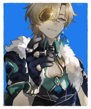 1boy aventurine_(honkai:_star_rail) black_gloves black_jacket blonde_hair blue_background border cleavage_cutout clothing_cutout coin coin_flip commentary_request earrings fur_trim gloves halo_downfall highres honkai:_star_rail honkai_(series) jacket jewelry male_focus multicolored_eyes parted_bangs short_sleeves single_earring smile solo upper_body white_border white_fur