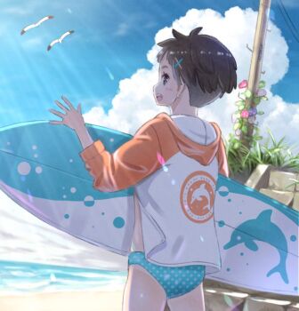 1girl bikini bird black_hair blue_bikini blue_sky cloud commentary_request day eyelashes flower grass grey_eyes hair_ornament holding holding_surfboard hood hood_down hooded_jacket jacket light_rays long_sleeves looking_back open_mouth original outdoors polka_dot polka_dot_bikini seagull short_hair sky smile solo sunlight surfboard swimsuit taka_(tsmix) undercut utility_pole very_short_hair water