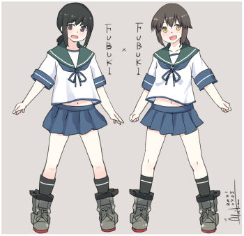 Rule 34 | 2girls, absurdres, blue skirt, brown background, brown eyes, brown hair, dated, dress, fubuki (kancolle), highres, inica, kantai collection, low ponytail, midriff peek, multiple girls, ponytail, sailor collar, sailor dress, signature, simple background, skirt, yellow eyes