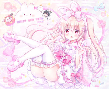 1boy 1girl :o animal_costume animal_ears ass blonde_hair bow chibi chiika_(cure_cherish) cow_costume dress english_text frilled_thighhighs frills hair_ribbon happy_new_year japanese_clothes lace lace-trimmed_ribbon lace_trim mary_janes new_year open_mouth original pink_bow pink_eyes pink_ribbon pink_shoes pink_theme rabbit_ears ribbon shoes socks thighhighs thighs white_thighhighs yume_kawaii