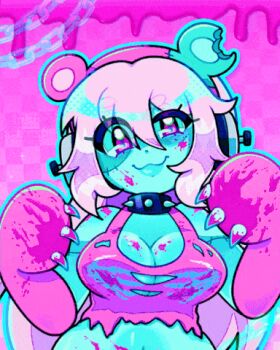 :3 :d animal_ear_headphones animal_ears animal_hands animated animated_gif aqua_skin bear_ear_headphones bear_ears blood blood_on_breasts blood_on_face breasts chain checkered_background closed_mouth colored_blood colored_skin fake_animal_ears fang gloomy_bear headphones inky_trash itazuraguma_no_gloomy large_breasts lowres navel nitroplus open_mouth pink_background pink_blood pink_eyes pink_hair pink_tank_top shirt smile stitches super_sonico tank_top torn_clothes torn_shirt yami_kawaii zombie