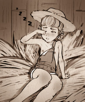 1girl armpits blush diathorn dress feet_out_of_frame female_focus flat_chest freckles hat highres loli monochrome nipples no_bra original overall_shorts overalls realistic sketch small_areolae small_nipples solo straw_hat tagme zzz