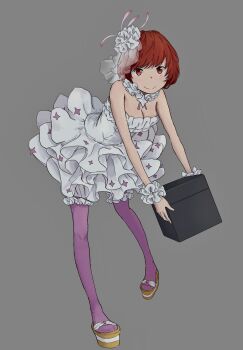 1girl bloomers bob_cut box breasts cleavage closed_mouth commentary_request detached_collar dion_fortune dress flower frilled_cuffs frilled_dress frills full_body grey_background hair_flower hair_ornament highres holding holding_box leaning_forward medium_breasts pantyhose pink_pantyhose platform_sandals red_eyes red_hair sandals short_dress short_hair sleeveless sleeveless_dress smile solo tatararashi toaru_majutsu_no_index toaru_majutsu_no_index:_new_testament underwear veil white_bloomers white_dress white_veil