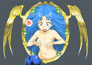 1girl a_(phrase) blue_eyes blue_hair breasts clumsy commentary_request convenient_censoring crystal_ball curtained_hair dropping feena_(ys) groin long_hair looking_at_object mirror navel nishinozawa_kaorisuke nude open_mouth orb parody scanlines small_breasts small_sweatdrop solo speech_bubble standing through_medium through_mirror title_screen twitching very_long_hair wide-eyed wings ys