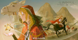 Rule 34 | 1boy, absurdres, alkaid mcgrath, armor, army, black footwear, blonde hair, boots, braid, camel, cape, chinese clothes, closed mouth, cloud, earrings, flag, gold collar, green eyes, hair between eyes, hair over shoulder, half updo, head chain, headband, highres, holding, holding sword, holding weapon, hood, hood up, hooded cape, hoop earrings, horse, horseback riding, jewelry, lindoll, long hair, long sleeves, looking ahead, looking at viewer, looking to the side, lovebrush chronicles, male focus, mountain, multiple views, necklace, object floating above hand, pants, parted lips, people, red cape, red headband, riding, shoulder armor, single braid, sky, smile, sword, triangle, tunic, upper body, waist cape, weapon, white pants, white tunic