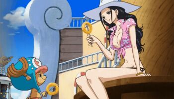 10s 1boy 1girl 2016 animated animated_gif anime_screenshot bead_bracelet beads bikini black_hair bracelet breasts cleavage cowboy_hat deer floral_print flower food hat horns huge_breasts jewelry large_breasts long_hair navel nico_robin one_piece one_piece_special:_episode_0 onion onion_rings shirt side-tie_bikini_bottom sitting swimsuit tagme tied_shirt tony_tony_chopper white_hat